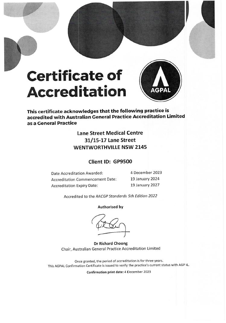 AGPAL Certificate of Accreditation - Lane Street Medical Centre